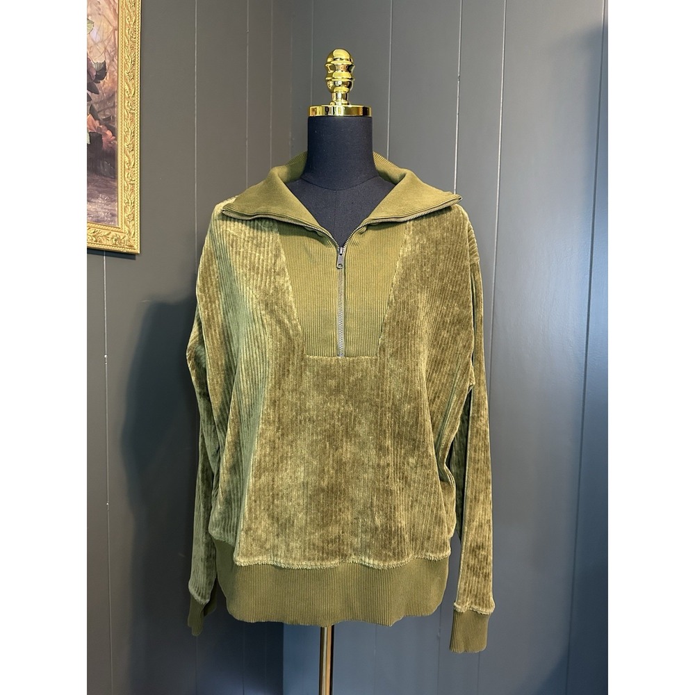 Universal Thread Quarter Zip Crushed‎ Velvet Olive Green Corduroy L Large